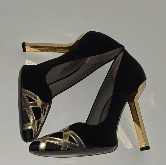 Versace Black Gold Pumps Heels Shoea Designer 38.5 Siz 8 Hollywood Glam - Picture 11 of 16